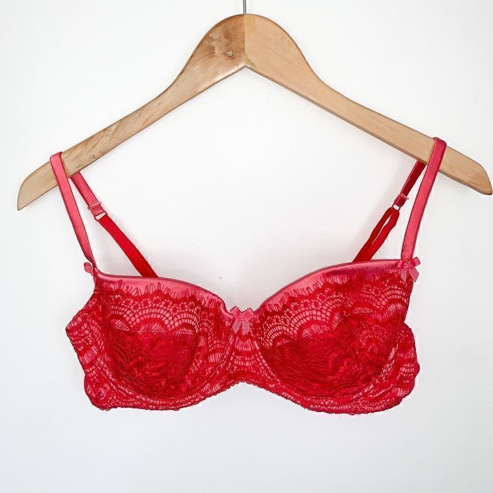 Mimi Holliday pink silk bra with red lace overlay